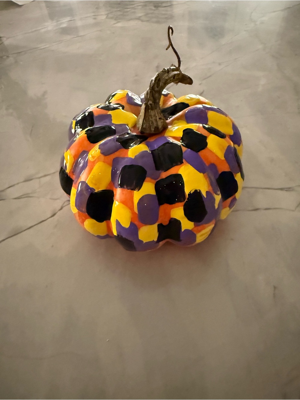 Hand-Painted Decorative Pumpkin in Yellow, Purple & Black
